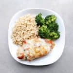 Low FODMAP Salsa Chicken Fresca on Plate with Vegetables - 800 x 800