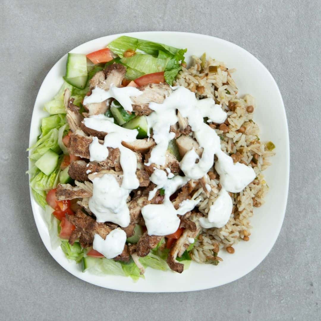 low FODMAP shawarma with mujadora rice and a garden salad