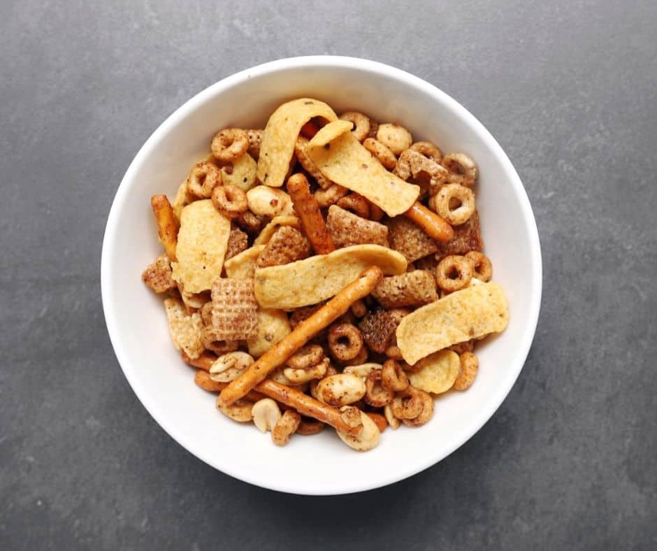 Low FODMAP Snack Mix in white bowl