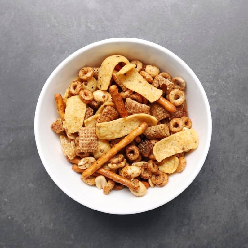 Low FODMAP Snack Mix in white bowl