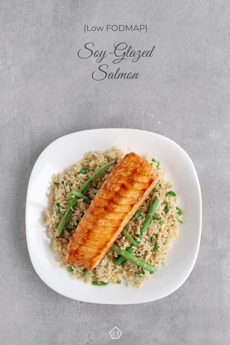 Low FODMAP soy-glazed salmon on a bed of green beans and rice - Pinterest 1