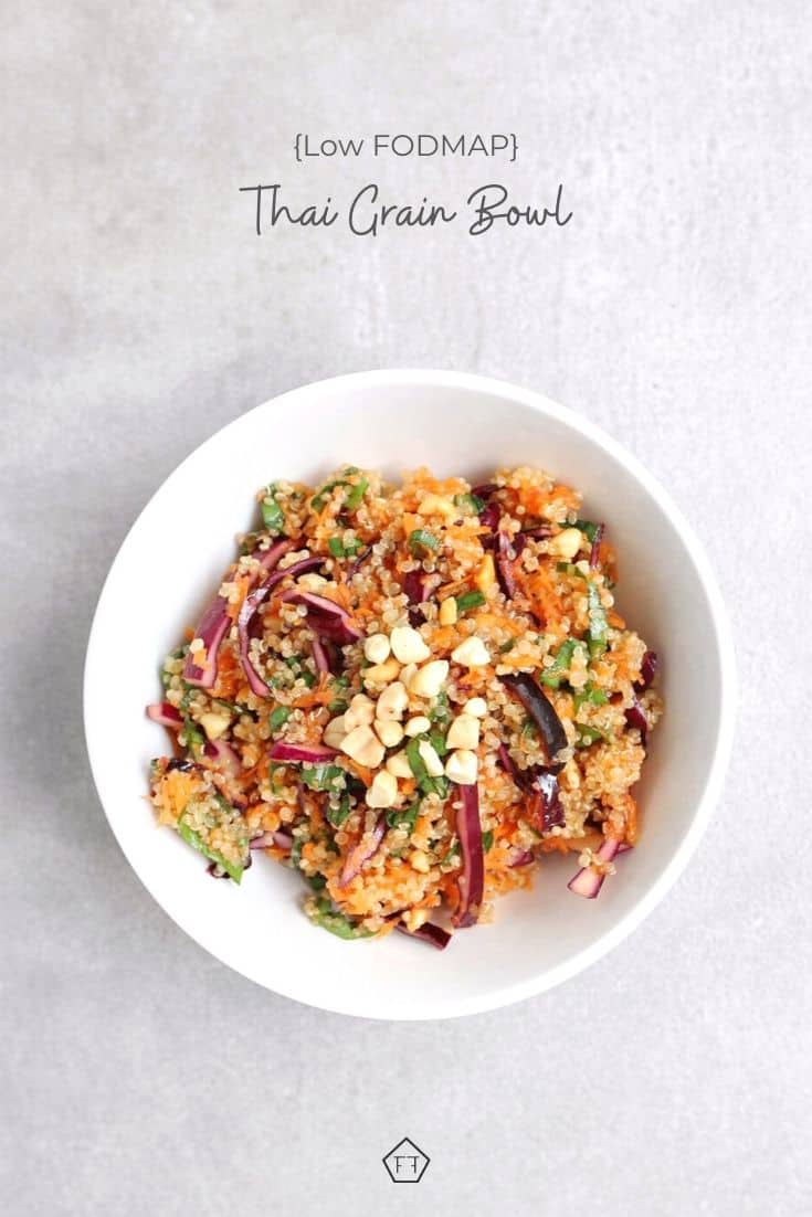 Thai grain bowl in white bowl with text overlay: Low FODMAP Thai grain bowl