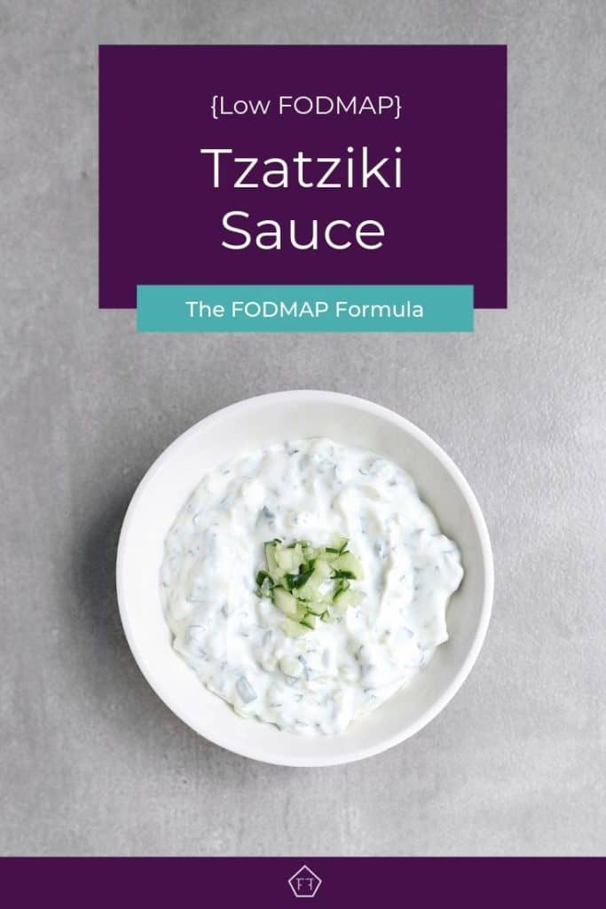 Low FODMAP Tzatziki sauce in bowl with text overlay: Tzatziki Sauce