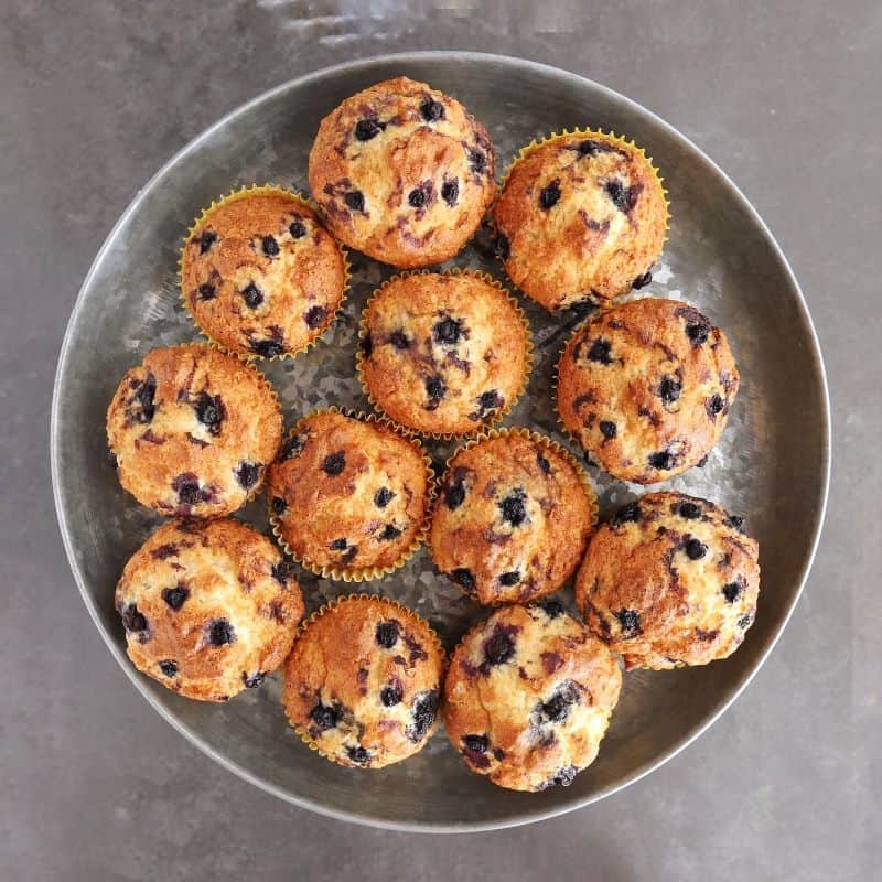 Low FODMAP blueberry muffins on metal stand