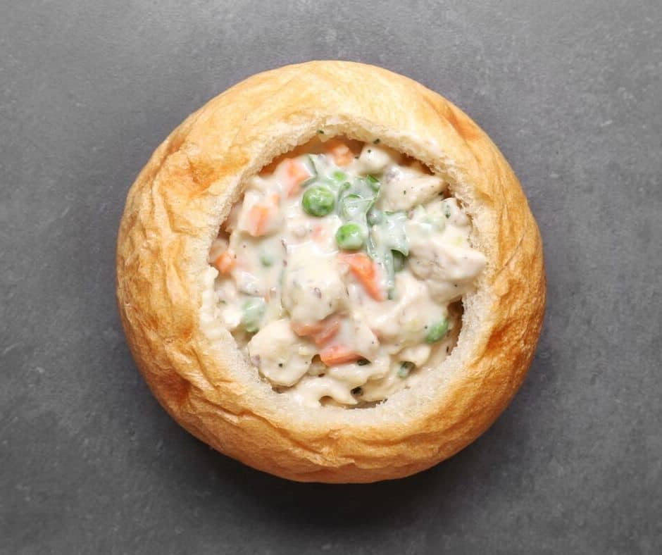 Low FODMAP chicken pot pie in bread bowl