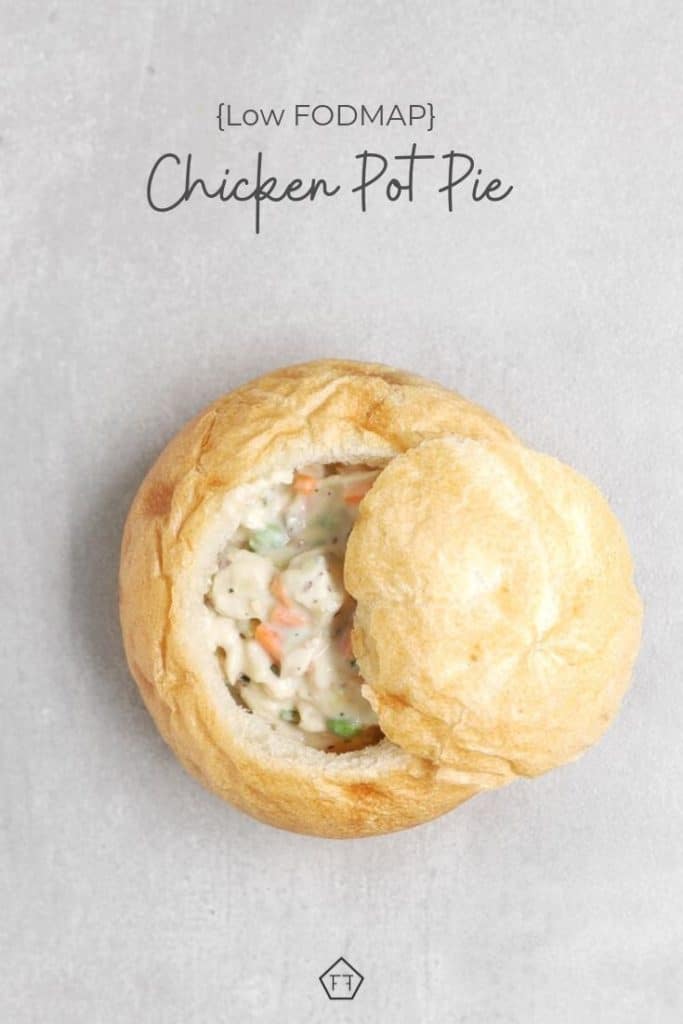 Low FODMAP chicken pot pie in bread bowl