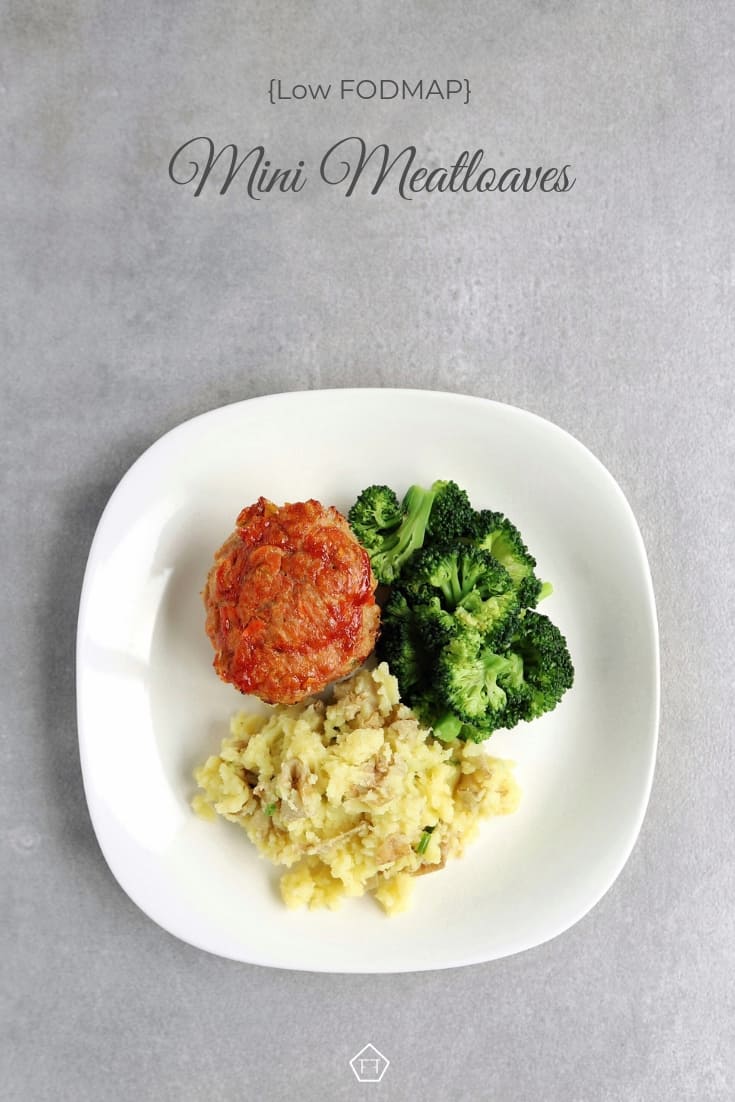 Low FODMAP mini meatloaves on plate with vegetables - Pinterest 1