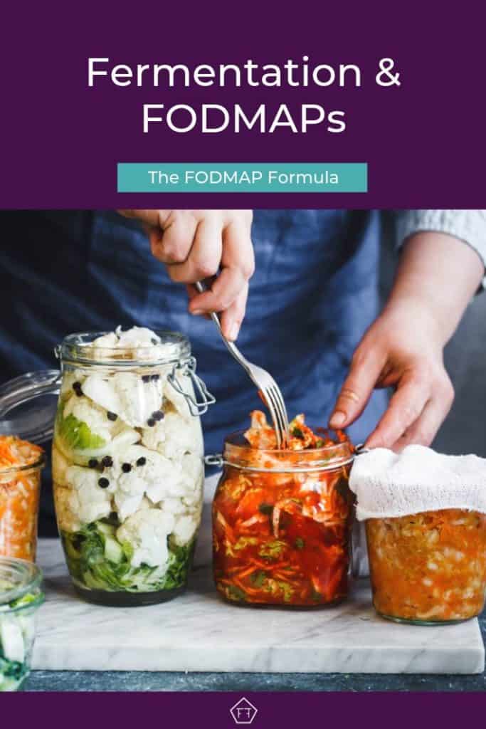 Man packaging fermented food in glass jars with text overlay: fermentation and FODMAPs