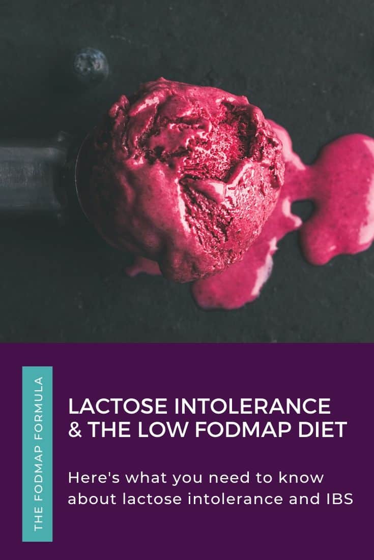 Raspberry ice cream in ice cream scoop with text overlay - lactose intolerance and the low FODAMP diet