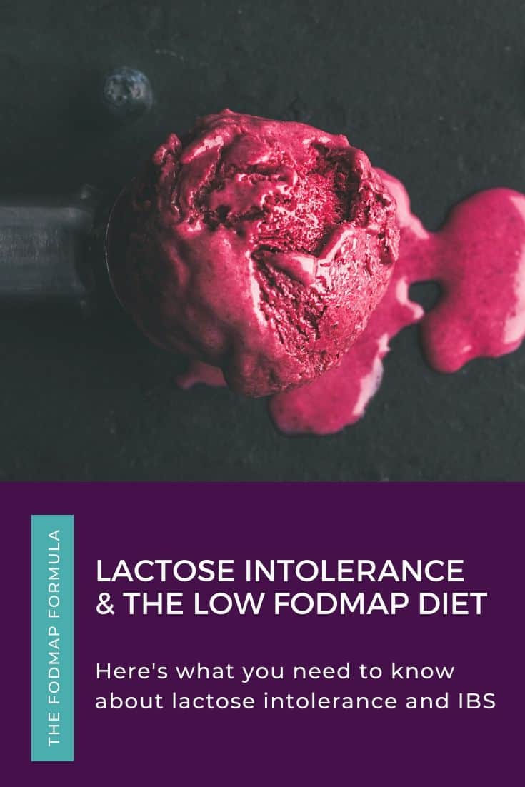 Raspberry ice cream in ice cream scoop with text overlay - lactose intolerance and the low FODAMP diet
