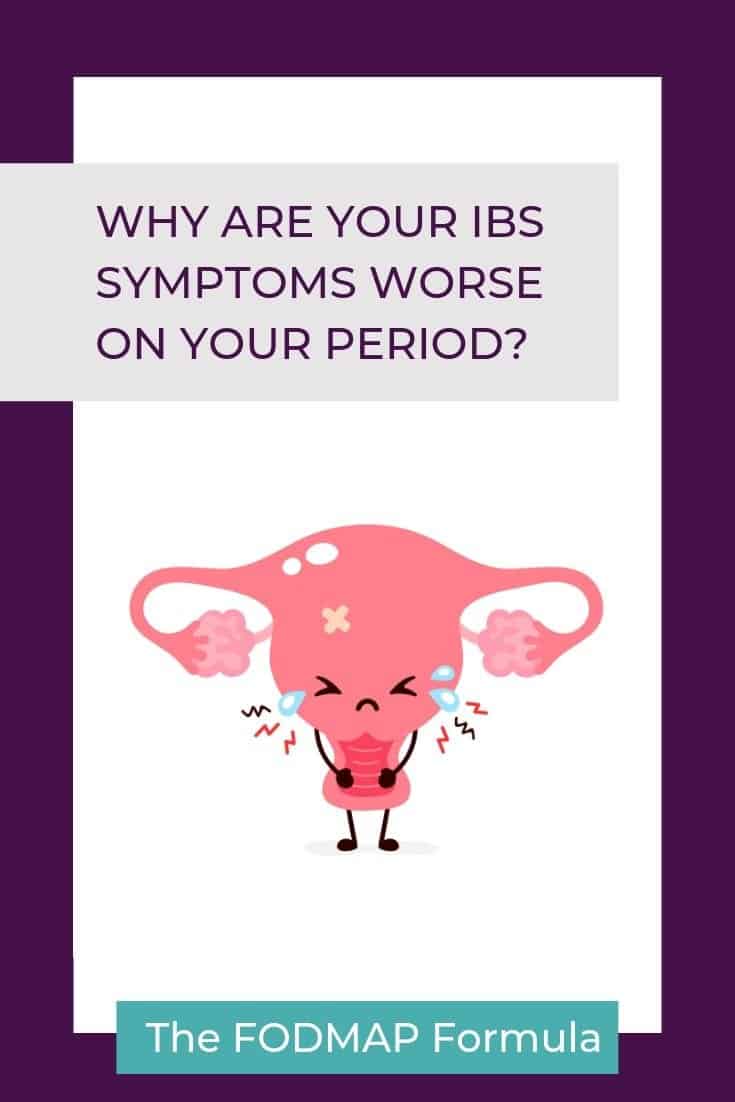 Illustration of cartoon uterus crying with text overlay: What are your IBS symptoms worse on your period?