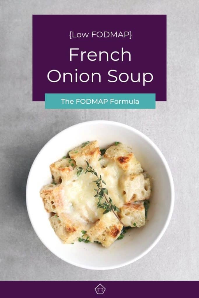 Low FODMAP French onion soup in bowl